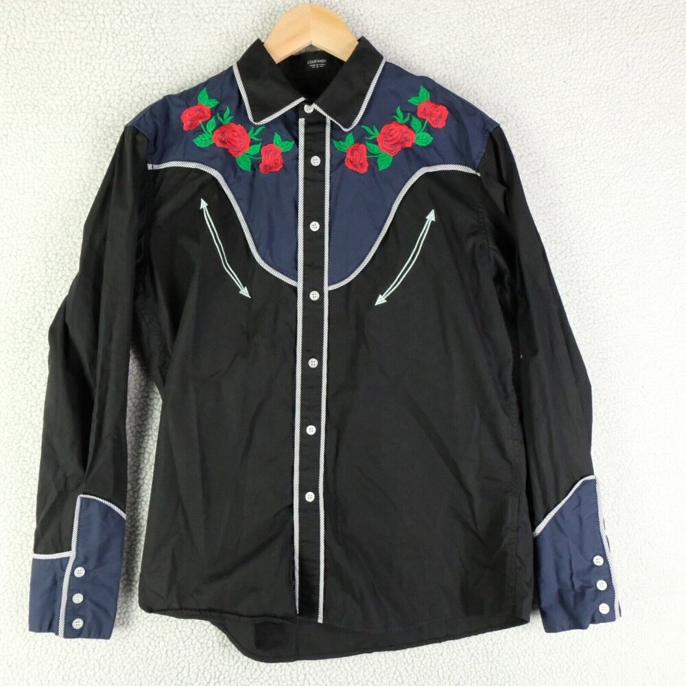 Coofandy Shirt Mens Small Black Blue Western Smile Pocket Roses Embroidered